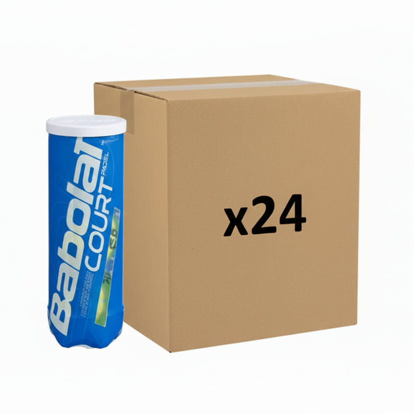 A blue cylindrical container with the Babolat logo on it, alongside a yellow padel ball displaying the Babolat Court brand name.
