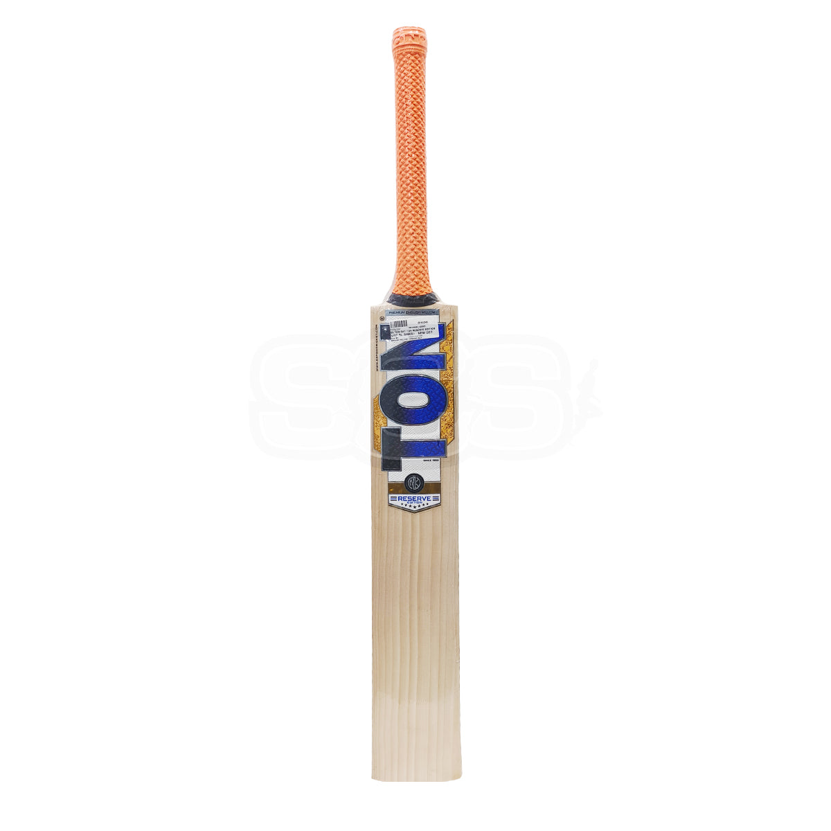 Cricket bat with orange handle and visible branding on a white background
