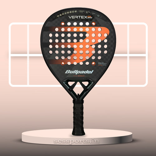 Bullpadel Vertex 04 Hybrid 25 Padel Racket with padel court background