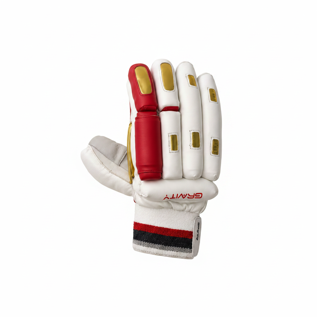 White cricket batting glove with red and gold accents on a light beige background