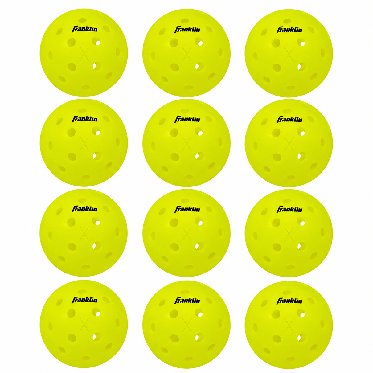 Twelve bright yellow Franklin brand perforated rubber balls arranged in a 4-by-3 grid on a plain white background.