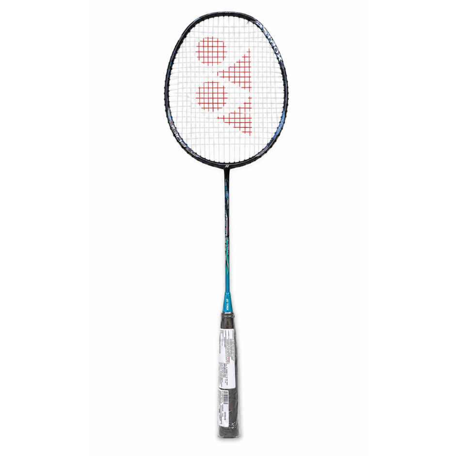 A Yonex badminton racket with a black and blue frame, red string pattern, and a gray grip, shown vertically against a white background.