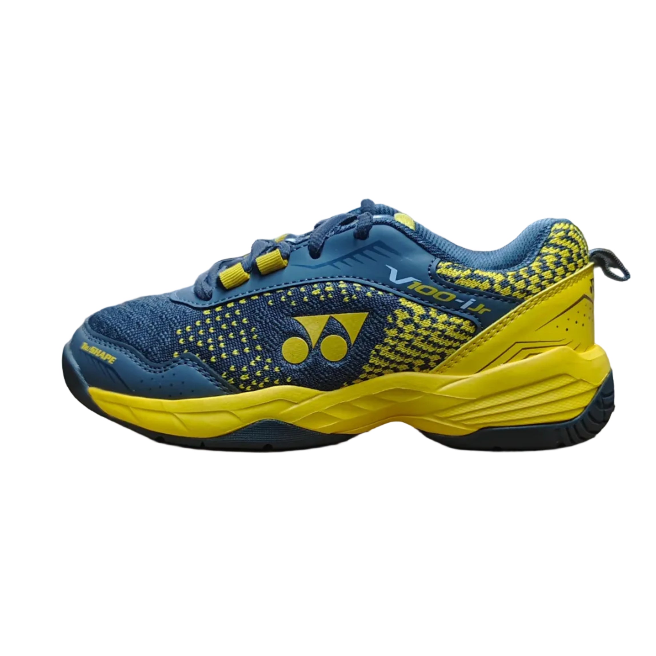 Blue and yellow running shoe on a cardboard box in a warehouse setting