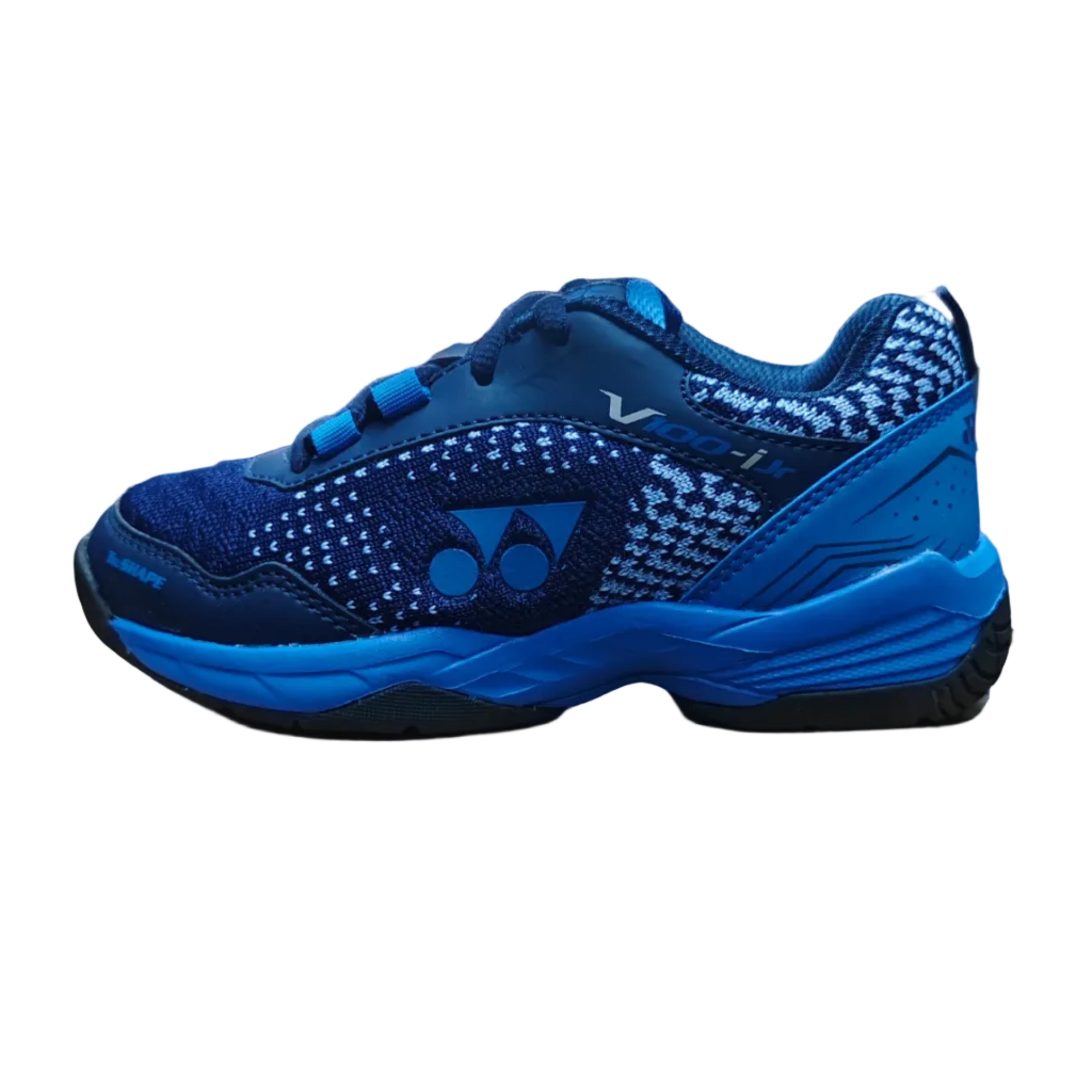 Blue sports shoe on a cardboard box in a warehouse setting
