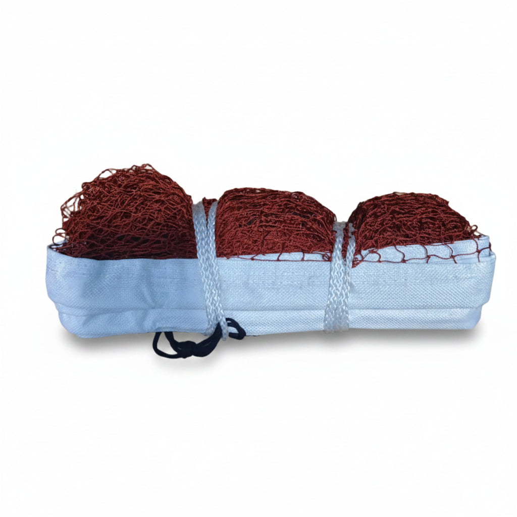 A rolled-up red fishing net inside a light blue canvas carrying bag, secured with white rope and a black strap, on a white background.