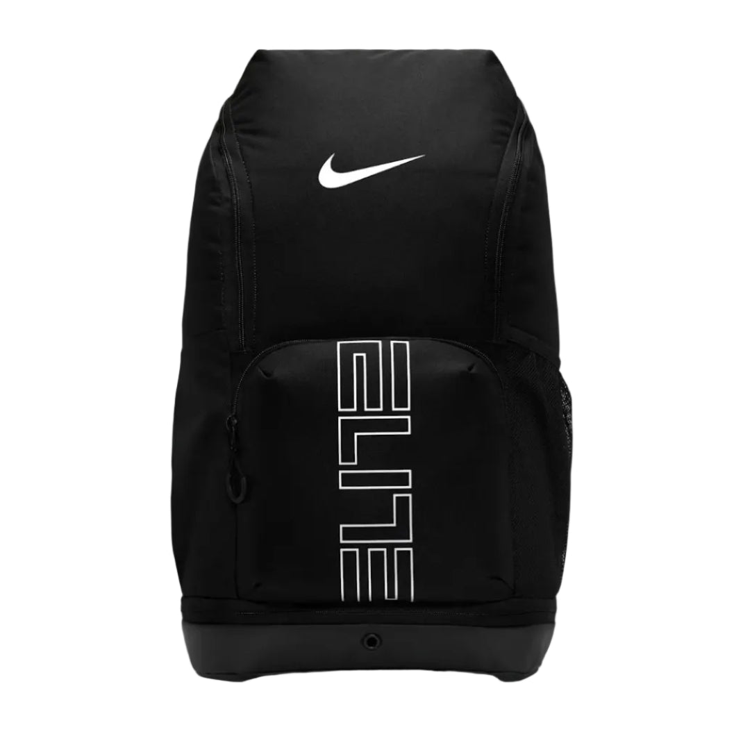 Black Nike backpack with 'Elite' branding on a white background