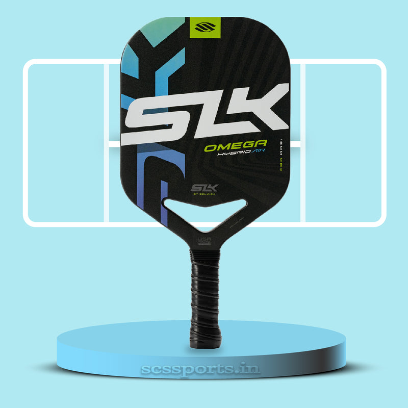 Load image into Gallery viewer, Selkirk SLK Omega Hybrid Air Max Pickleball Paddle blue background
