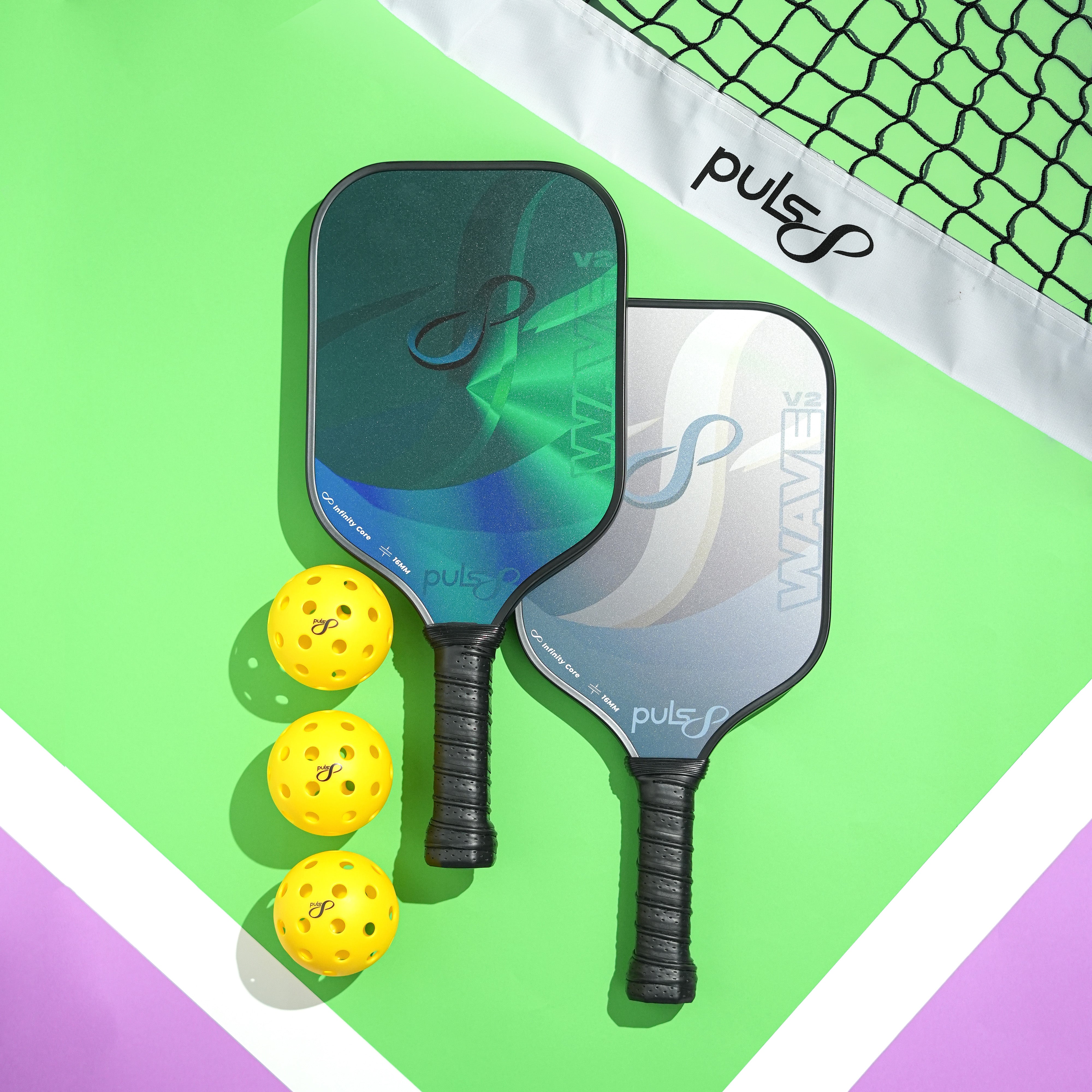 Puls8 Wave V2 Complete Pickleball Paddle Set (2 Paddles + Balls + Net)