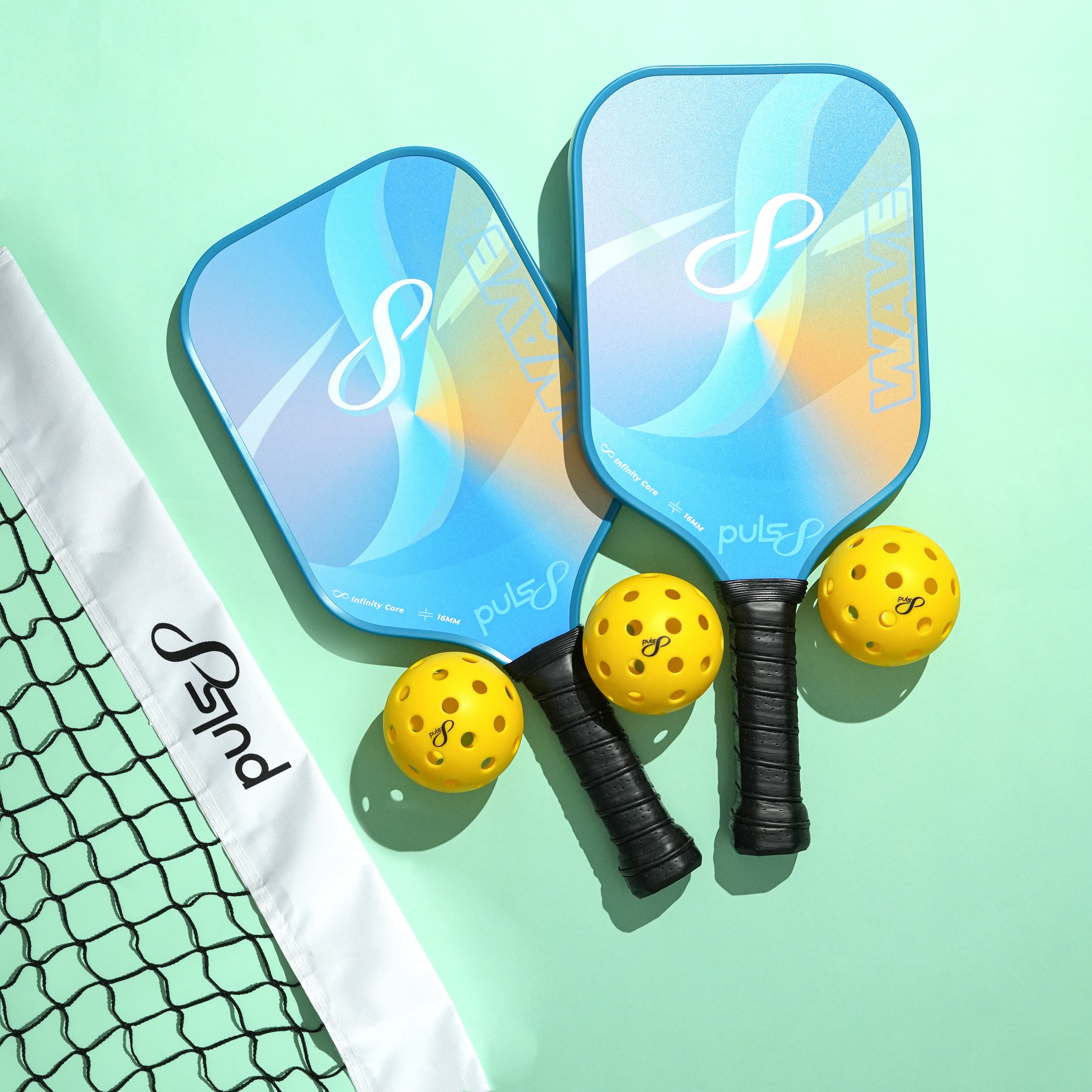 Puls8 Wave V2 Beach Sunset Pickleball Paddle Set (2 Paddles + 3 Balls + Net)