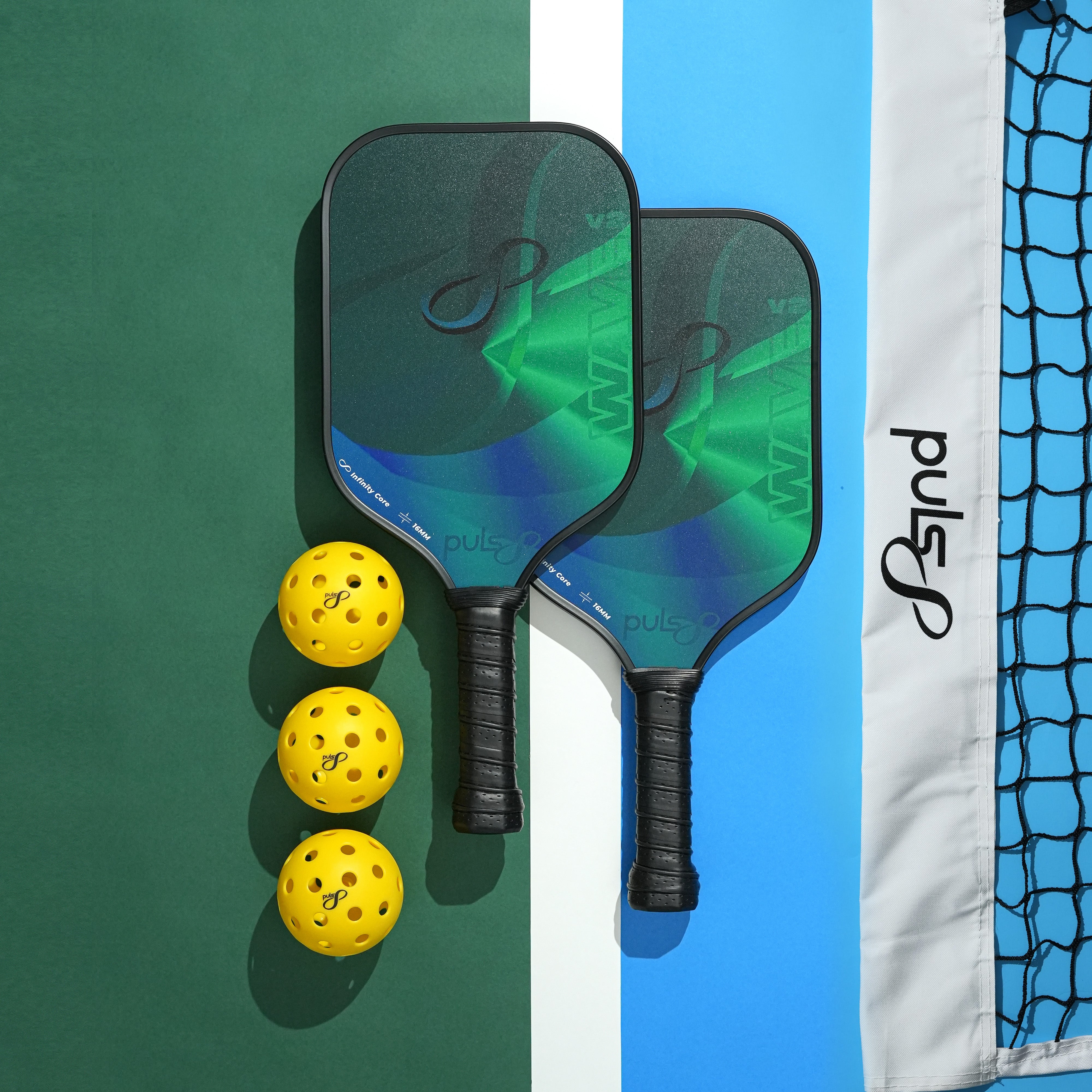 Puls8 Wave V2 Northern Lights Pickleball Paddle Set (2 Paddles + 3 Balls + Net)