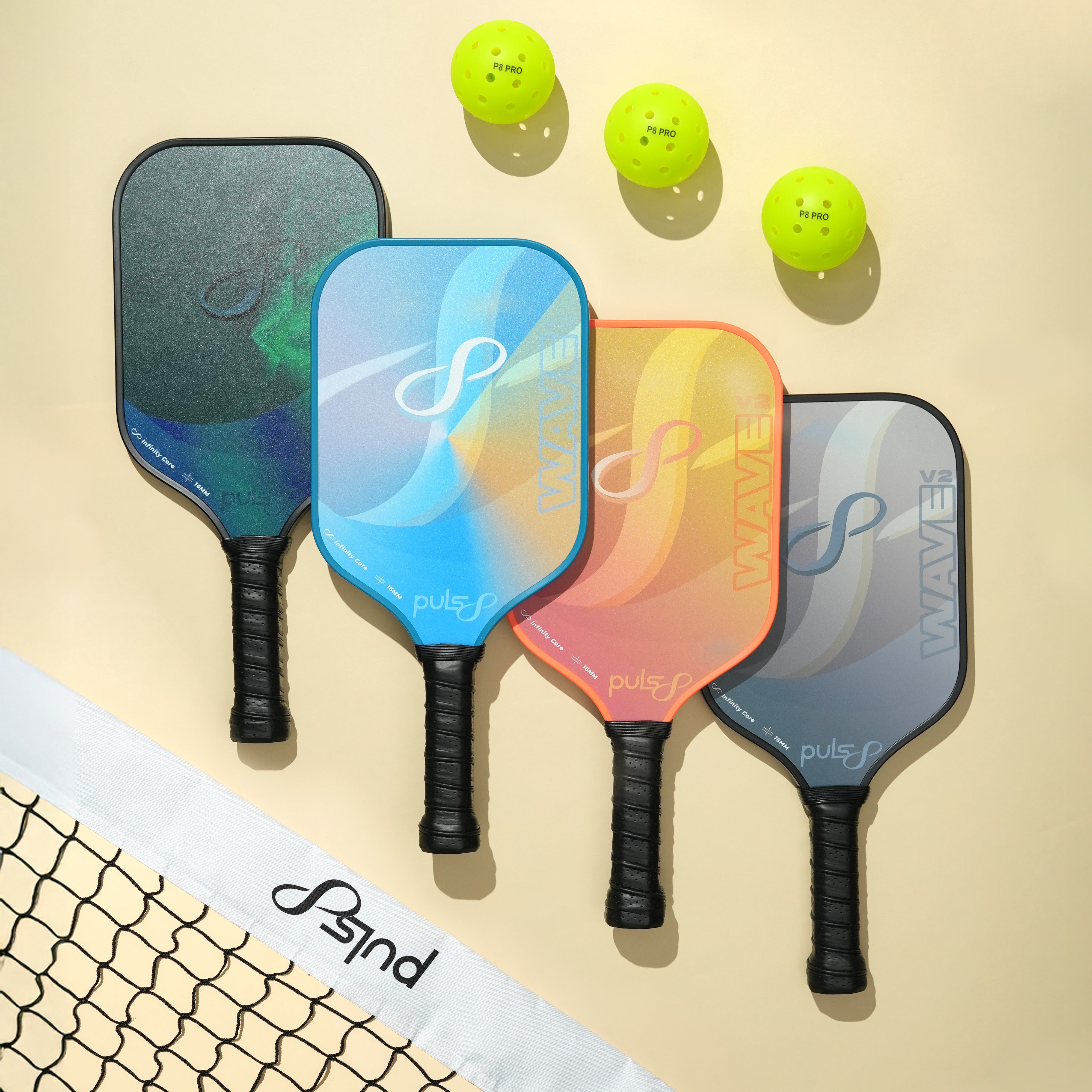 Puls8 Wave V2 Complete Pickleball Paddle Set (Four Paddles + Balls + Net)
