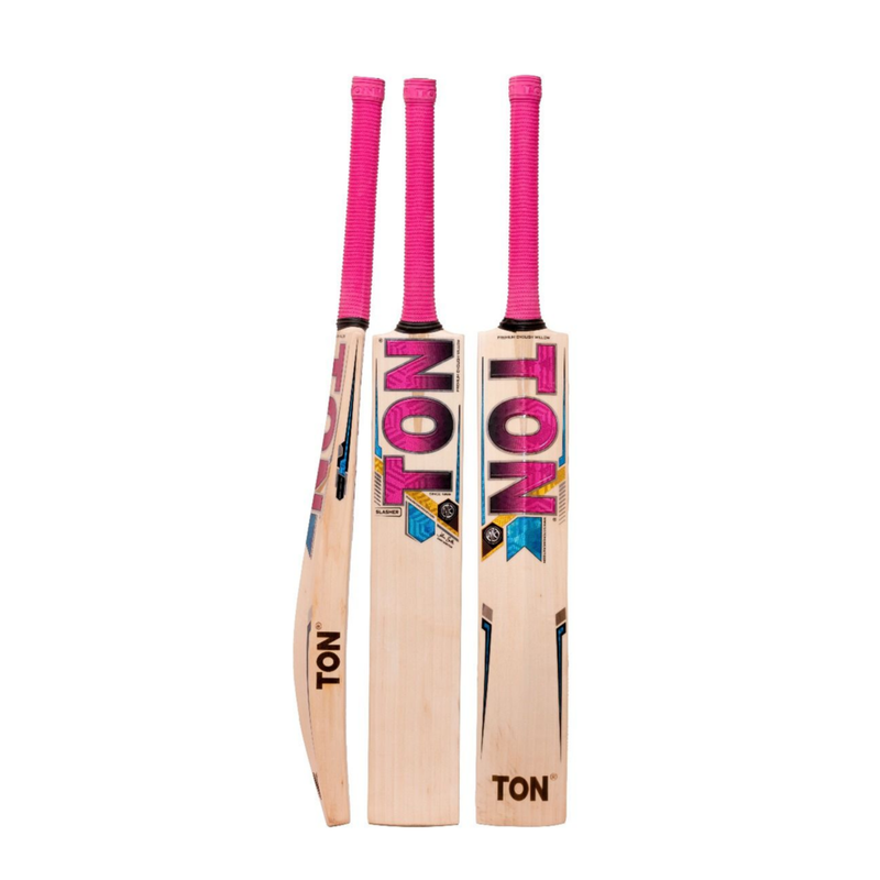 Load image into Gallery viewer, SS Ton Slasher English Willow Cricket Bat Side View White Background Front View Back View
