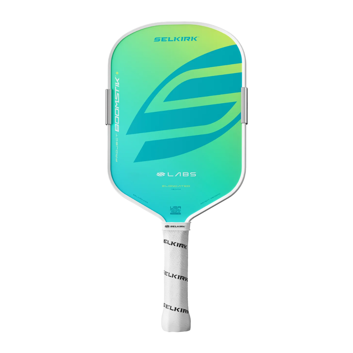 A Selkirk Bodecktk Labs pickleball paddle featuring a vibrant green and blue gradient face with a large stylized logo, a white frame, and a white wrapped handle.