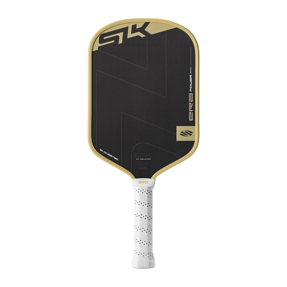 Pickleball paddle with black face and white handle on a white background