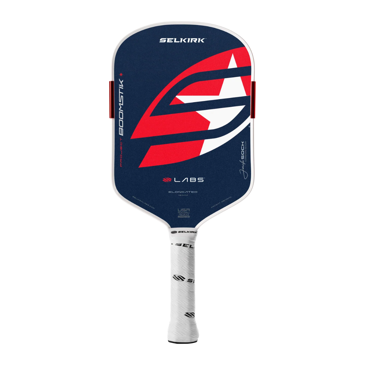 A Selkirk Boomerang Labs pickleball paddle featuring a navy blue face with a large red and white graphic, a white handle, and red side grips, shown against a plain white background.