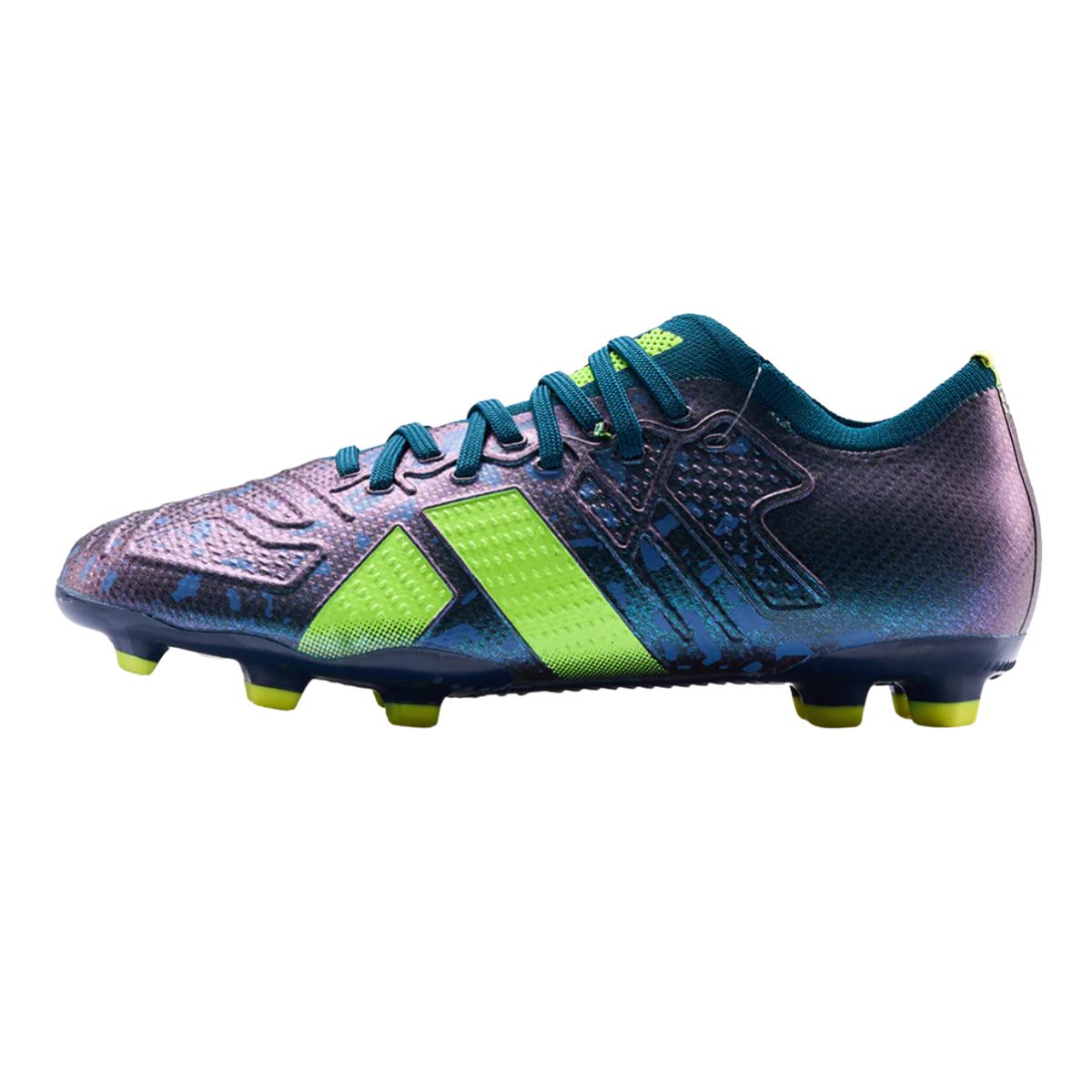 An Adidas soccer cleat featuring a dark blue and purple gradient upper, bright lime green stripes, and matching lime green studs, shown against a plain white background.