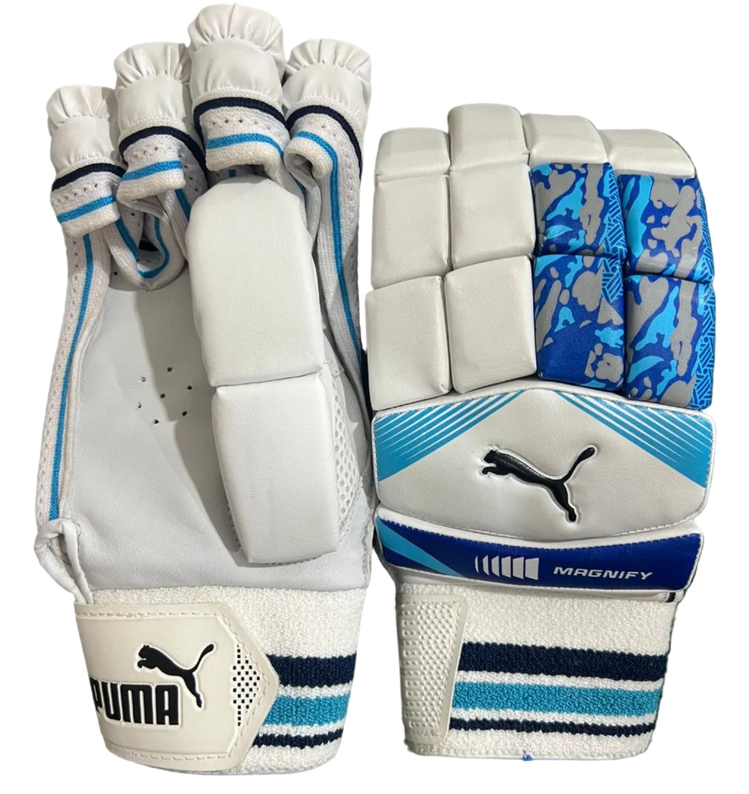Pair of white cricket gloves with blue accents on a white background