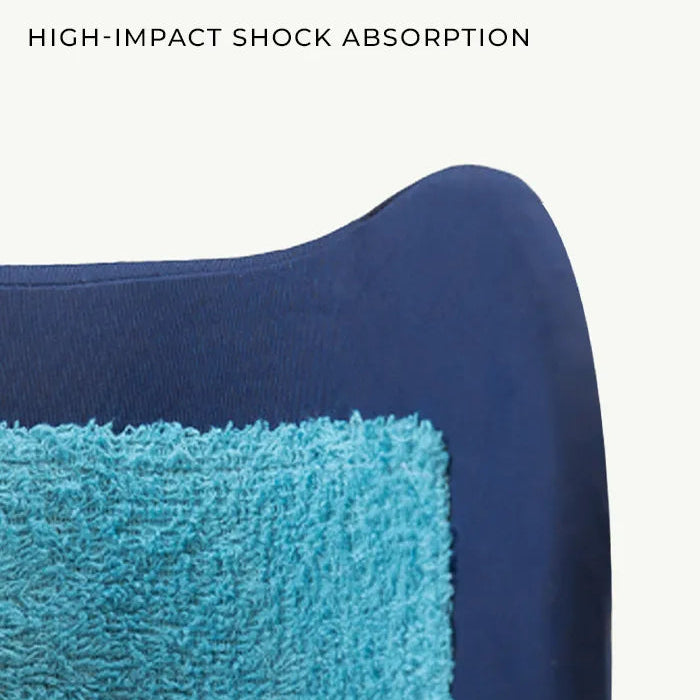 Close-up of a blue upholstered chair corner with a turquoise textured cushion, plus the text 'HIGH-IMPACT SHOCK ABSORPTION' on a light gray background.