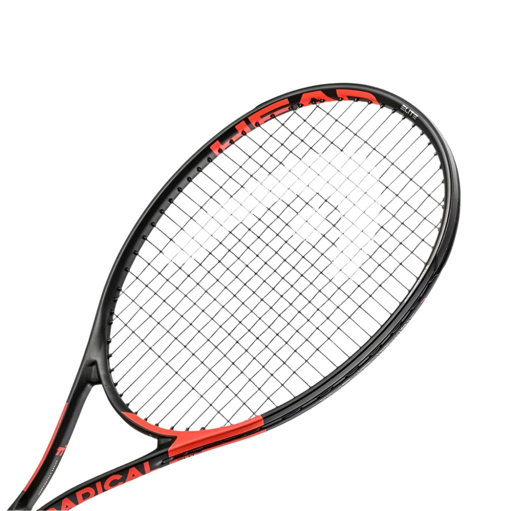 Tennis racket with open string pattern and brand name on a white background