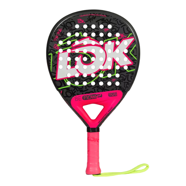 Paddle racket with pink handle and black head featuring 'LOK' branding on a white background
