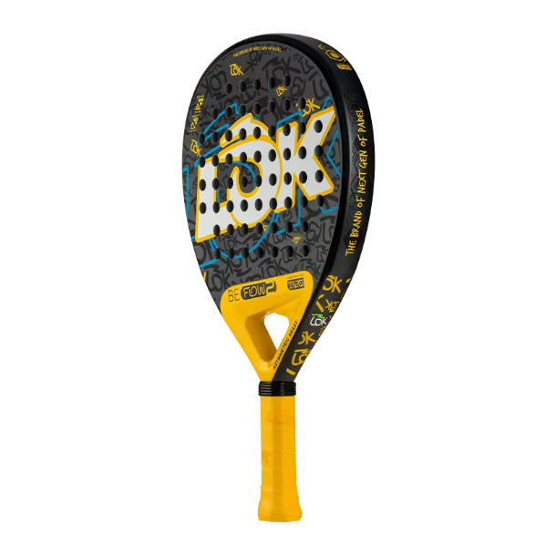 Paddle with black and yellow design on a white background