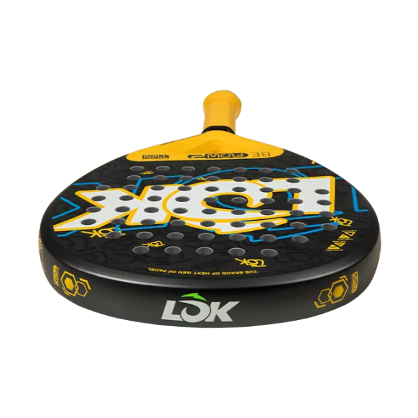 Paddle with a black, yellow, and blue design on a white background