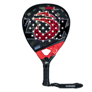 Paddle with red and black design on a white background