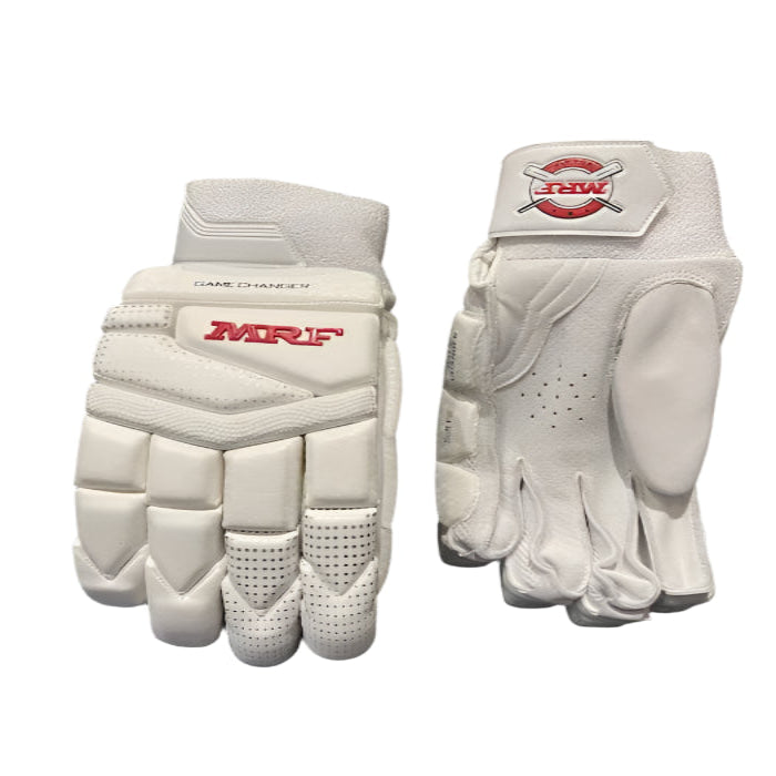 Load image into Gallery viewer, MRF Game Changer Cricket Batting Gloves Front And Side View 
