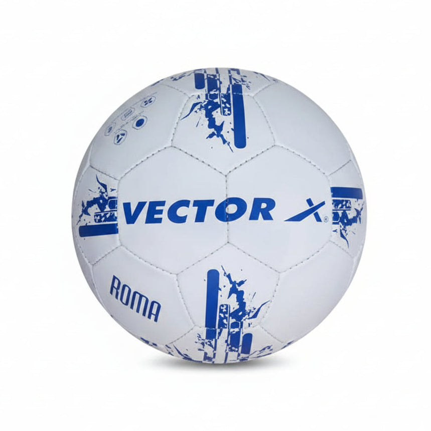 White soccer ball with blue branding on a white background