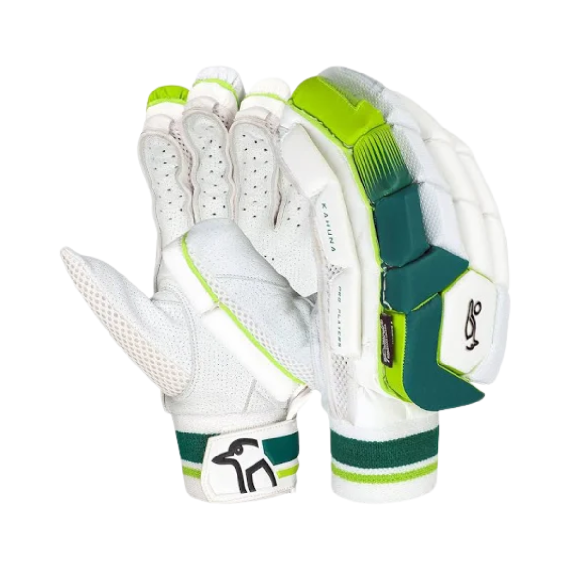 A pair of Kookaburra Kahuna Pro 1.0 cricket batting gloves in white and green color with additional padding on the palms.