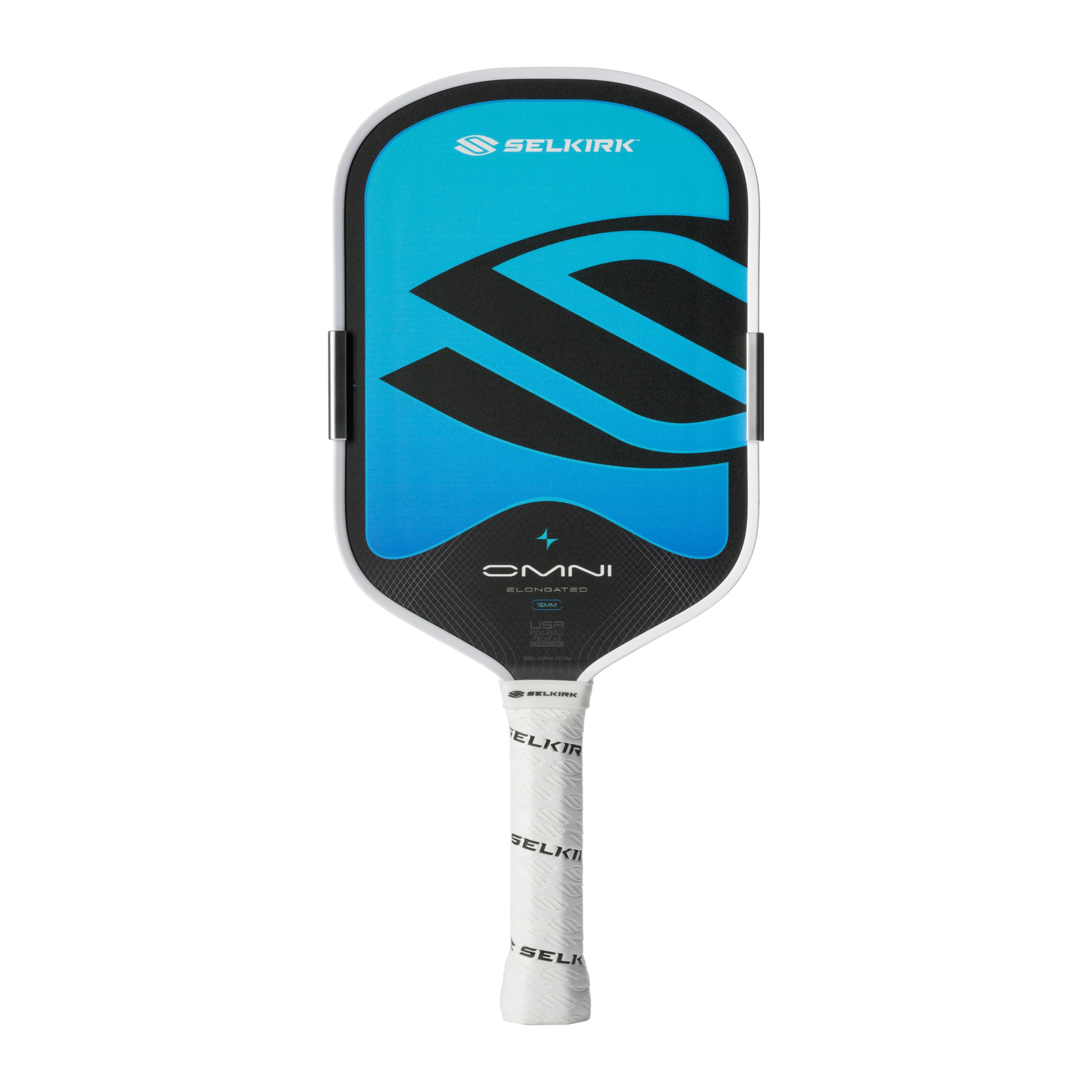 Pickleball paddle with blue and black design on a white background