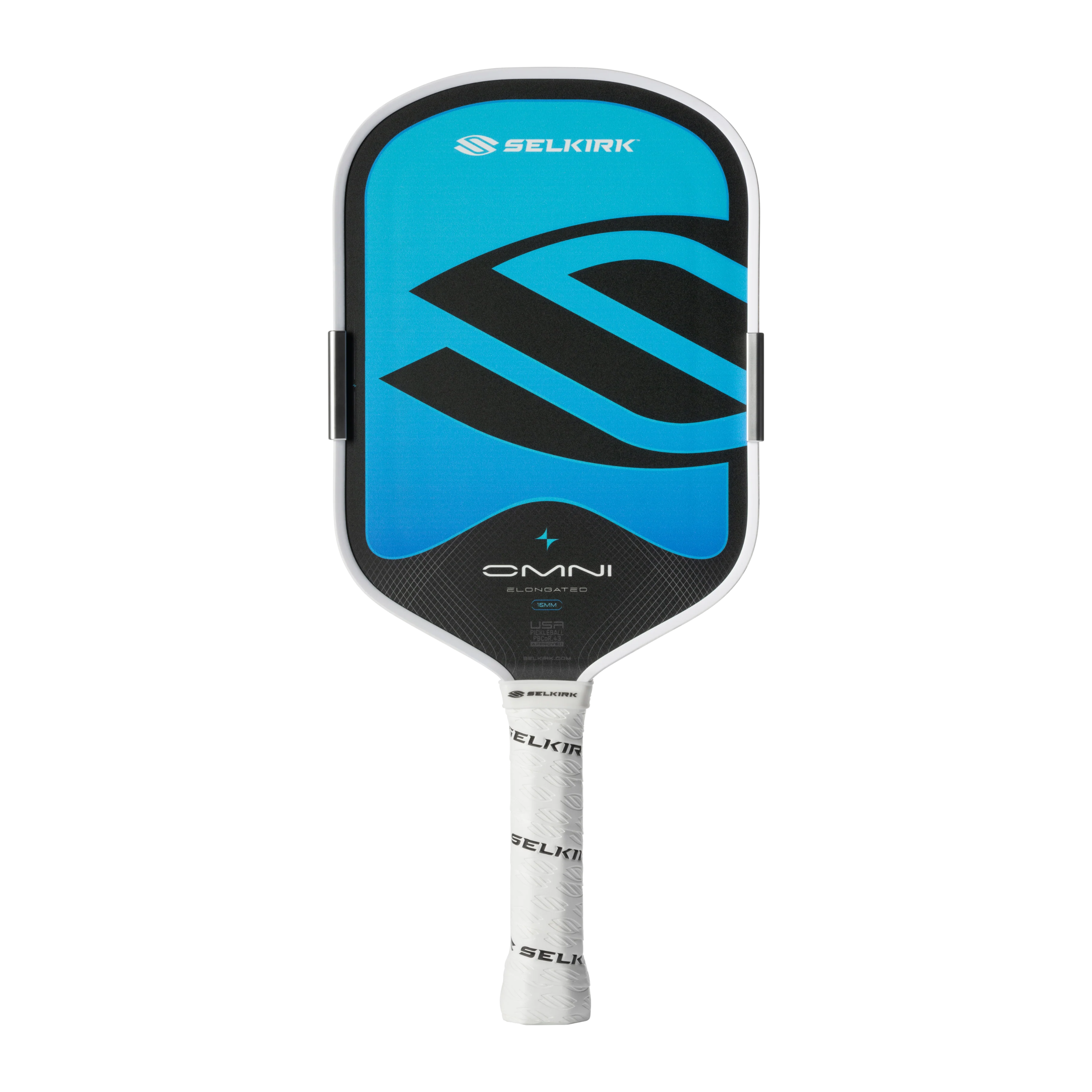 Pickleball paddle with blue and black design on a white background